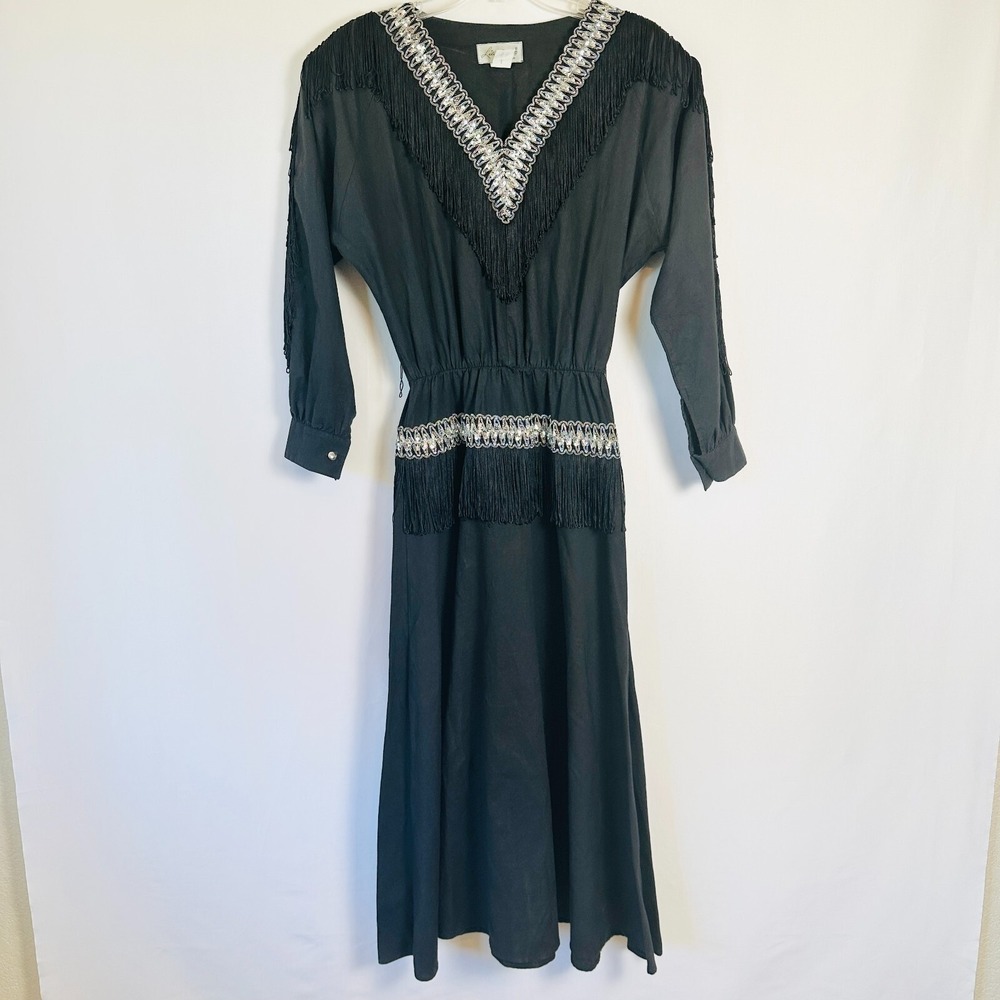 Vintage Lilia Smitty Exclusive Western Dress Womens 7 Black Fringe Rockabilly‎
